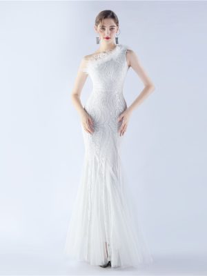High-End Ostrich Feather Mesh Sequin Evening Dress