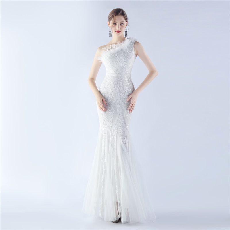 High-End Ostrich Feather Mesh Sequin Evening Dress
