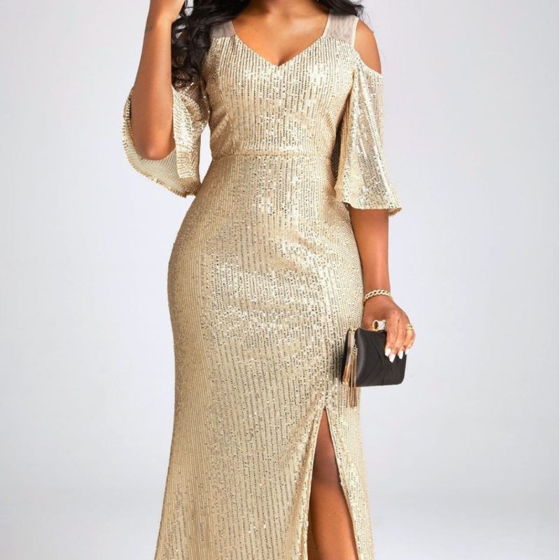 Elegant Off-Shoulder Gold Sequined Evening Dress