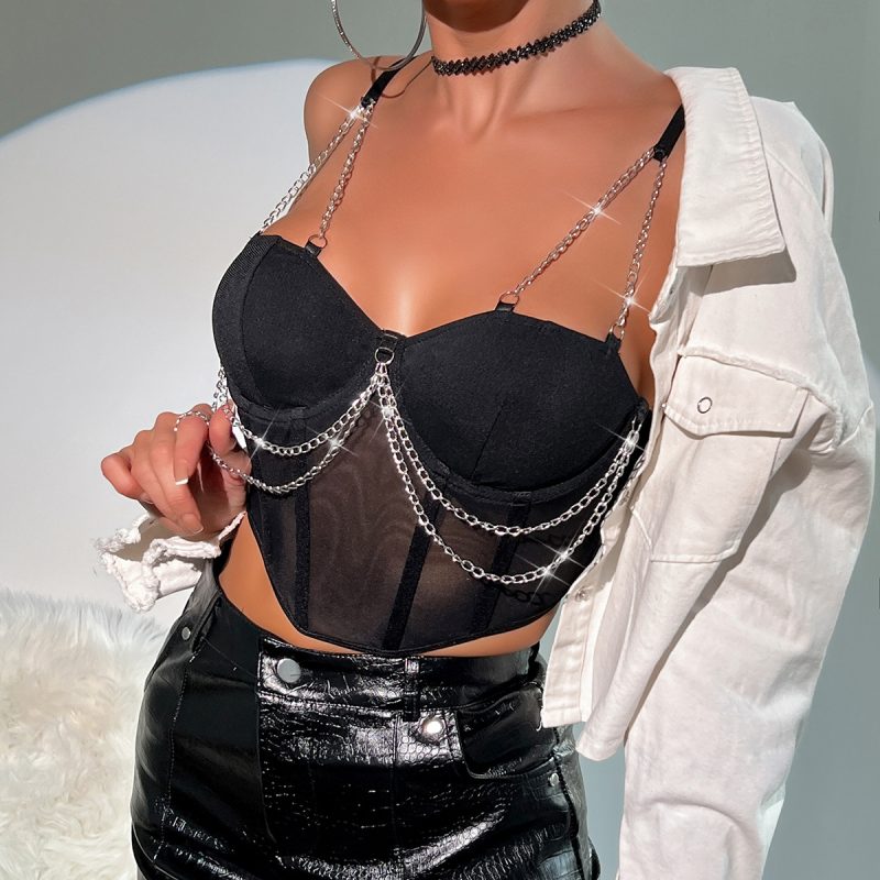 Mesh Patchwork Chain Boned Corset Crop Top - Image 3