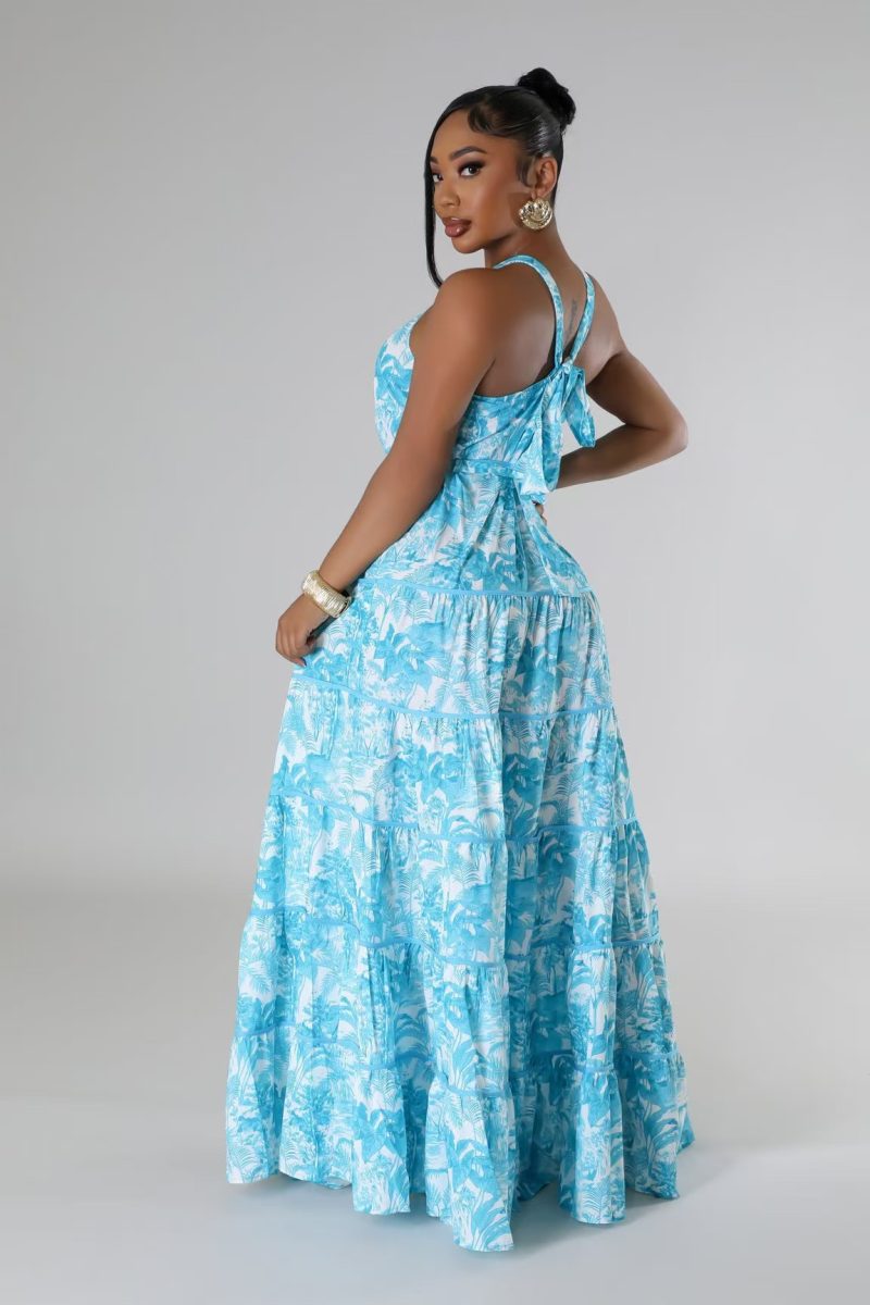 Floral Halter Strapless Lace-Up Waist Dress - Image 2