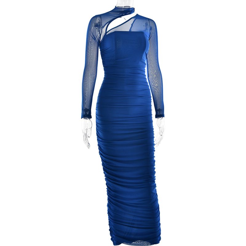 Mesh Round Neck Backless Pleated Slim Dress - Image 4
