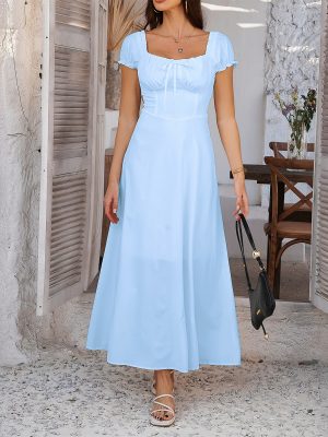 Elegant Solid Color Pleated Puff Sleeve Dress