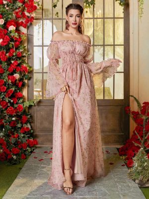Elegant Floral Off-Shoulder High Slit Dress