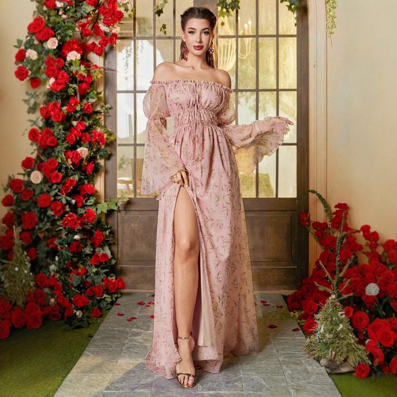 Elegant Floral Off-Shoulder High Slit Dress