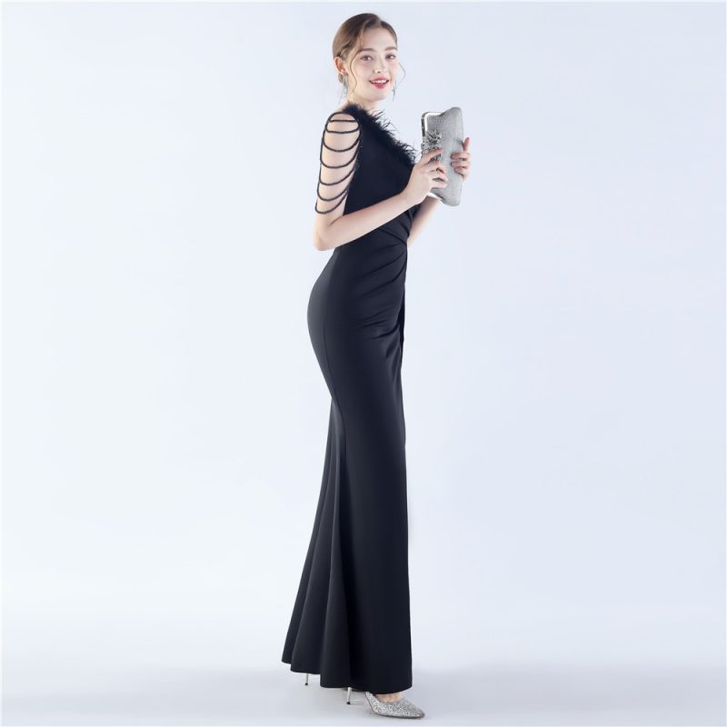 Winter Beaded Ostrich Feather Ceremony Evening Dress - Image 4