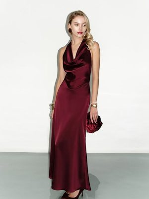 Sexy Low Cut Halter Backless Wine Red Satin Dress