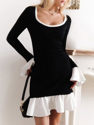 Elegant U-Collar Color Contrast Patchwork Slingback Dress