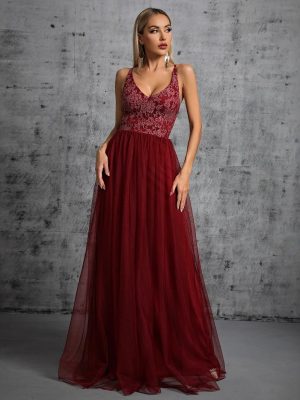 Elegant V-Neck Suspender A-Line Evening Dress
