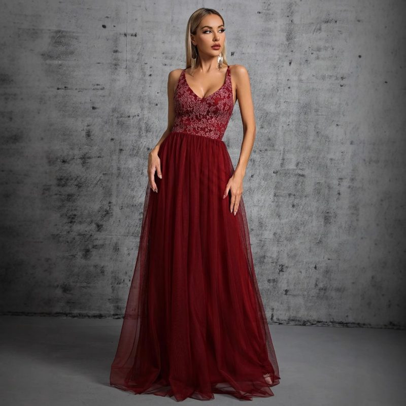 Elegant V-Neck Suspender A-Line Evening Dress