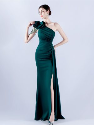 Handmade Beaded Floral Satin Off-Shoulder Evening Dress