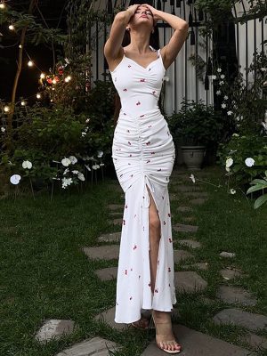 Summer Ruched Split Dress with Printed Suspenders