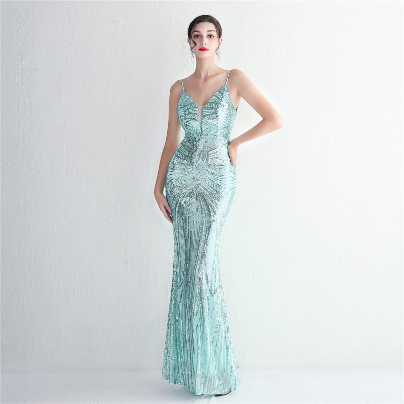 Elegant Floral Suspender Sequined Slim Fit Dress - Image 2