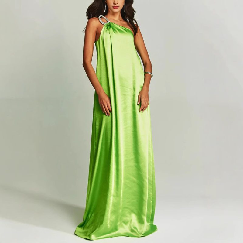 Spring Summer Satin Slant Shoulder Maxi Dress - Image 3