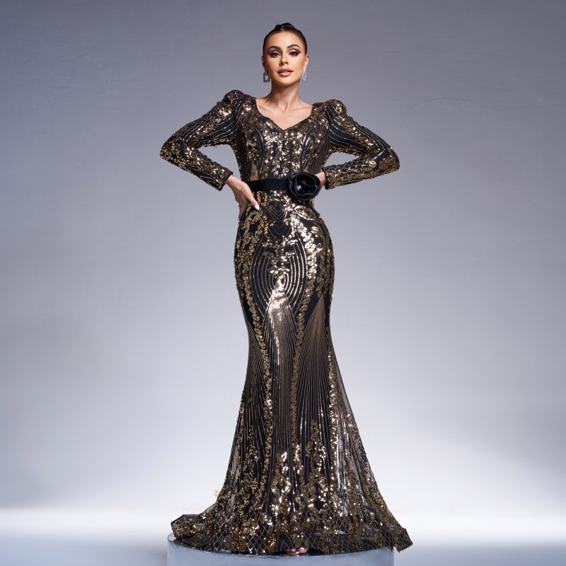 High-End V-Neck Slim Fit Sequin Fishtail Evening Dress - Image 4
