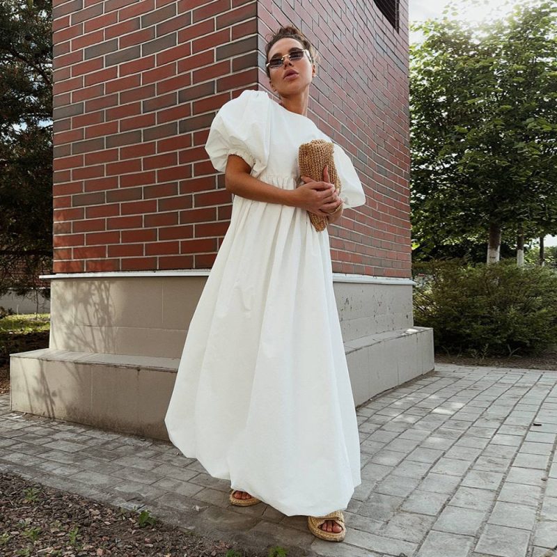 Cotton Round Neck Puff Sleeve Casual Dress - Image 3