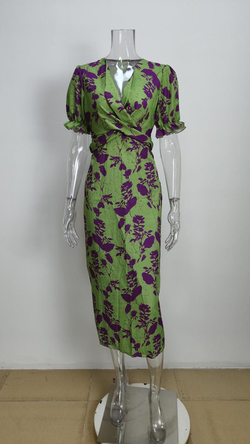 Graceful V-Neck Printed Slim Fit Dress - Image 2