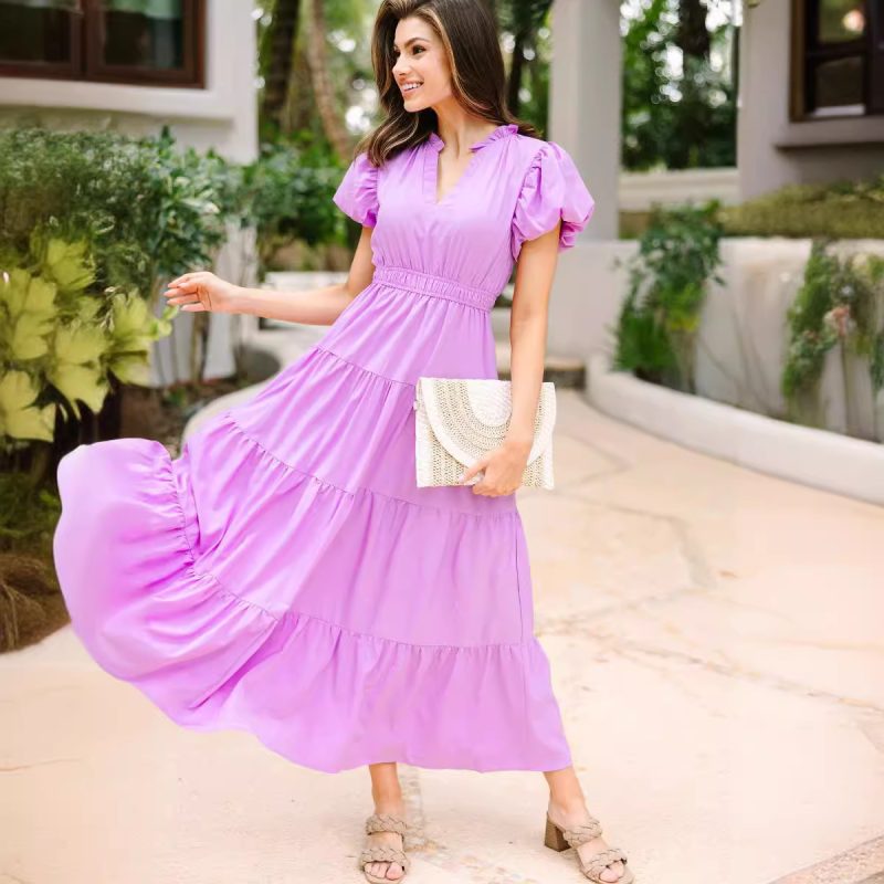 Stand Collar Puff Sleeve Formal Beach Dress