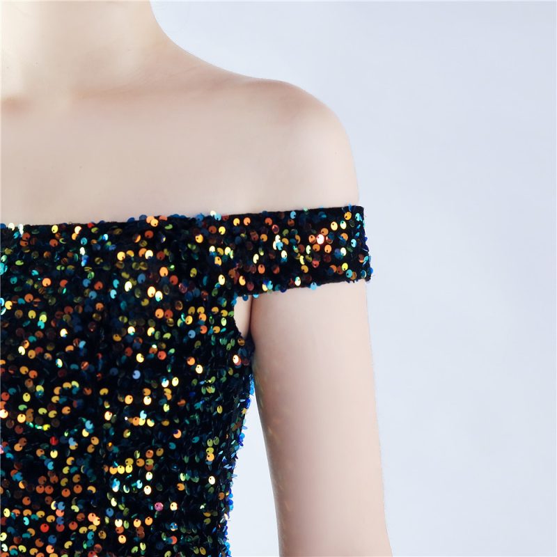 Handmade Velvet Sequin Off-Neck Evening Dress - Image 3