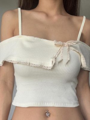Lace Bow Crop Top with Spaghetti Straps