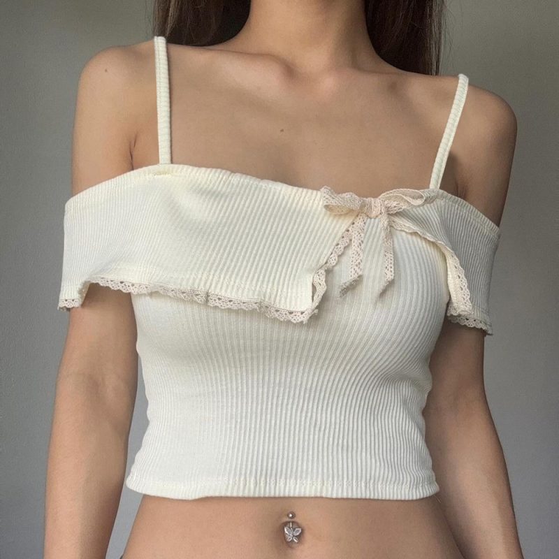 Lace Bow Crop Top with Spaghetti Straps