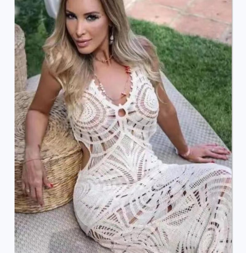 Knitted Hollow Out V-Neck Beach Dress - Image 4