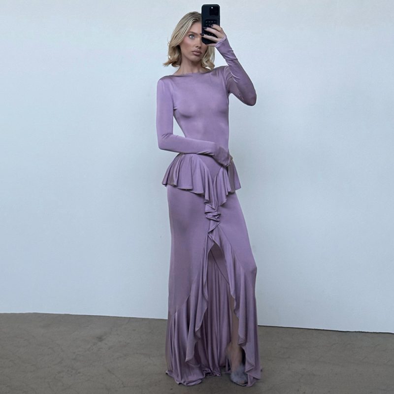 Elegant Backless Ruffle Dress with Slit – Women - Image 2