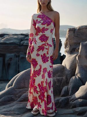 Rose Printed Satin Slant Shoulder Maxi Dress