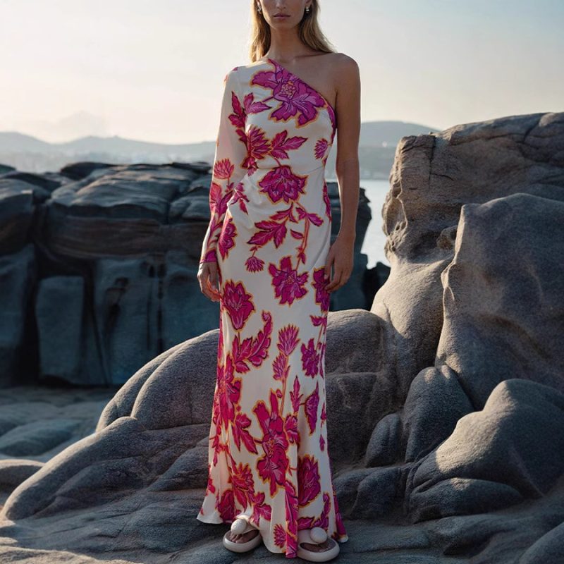 Rose Printed Satin Slant Shoulder Maxi Dress