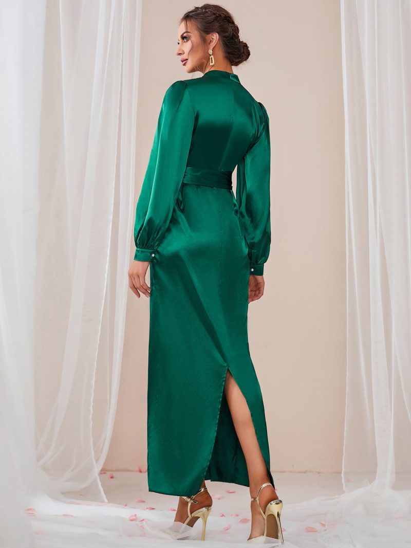 Elegant Satin High Waist Back Slit Dress - Image 4