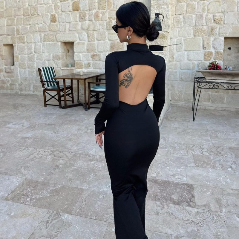 Sexy High Collar Backless Slim Fit Maxi Dress - Image 3