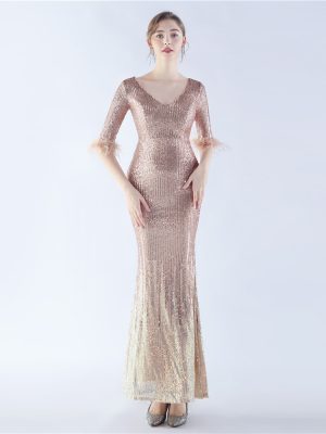 High-End Ostrich Feather Gradient Sequin Evening Dress