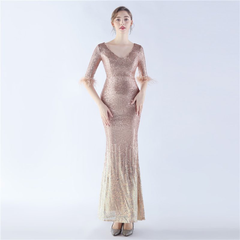 High-End Ostrich Feather Gradient Sequin Evening Dress