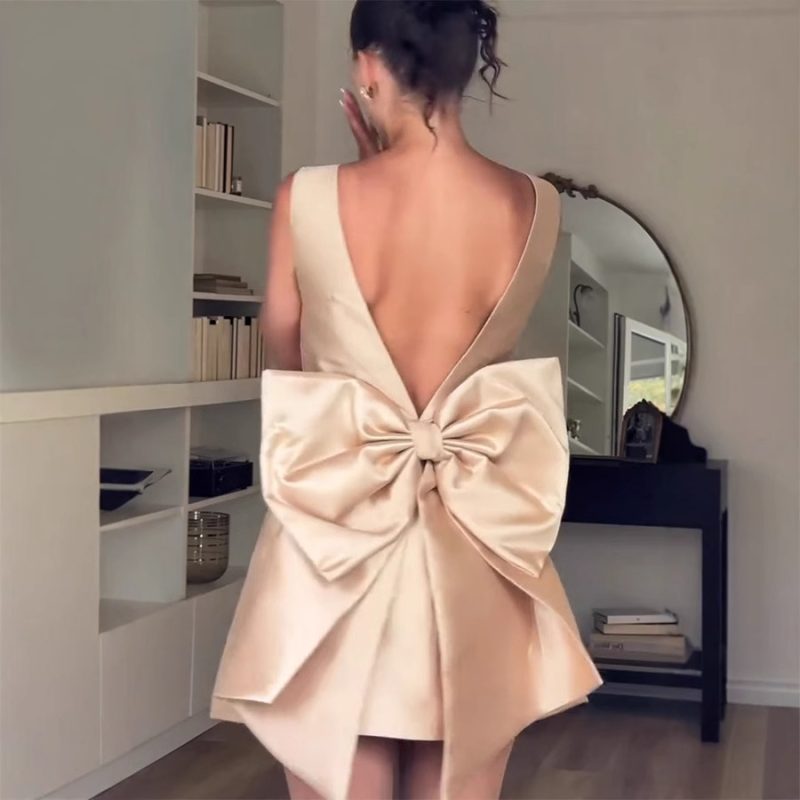 Spring Satin Backless High Waist Bow Dress - Image 3