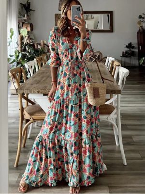 Vacation V-Neck Printed Swing Maxi Dress