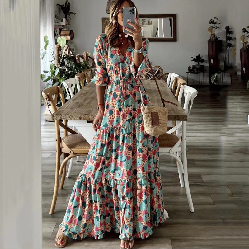 Vacation V-Neck Printed Swing Maxi Dress
