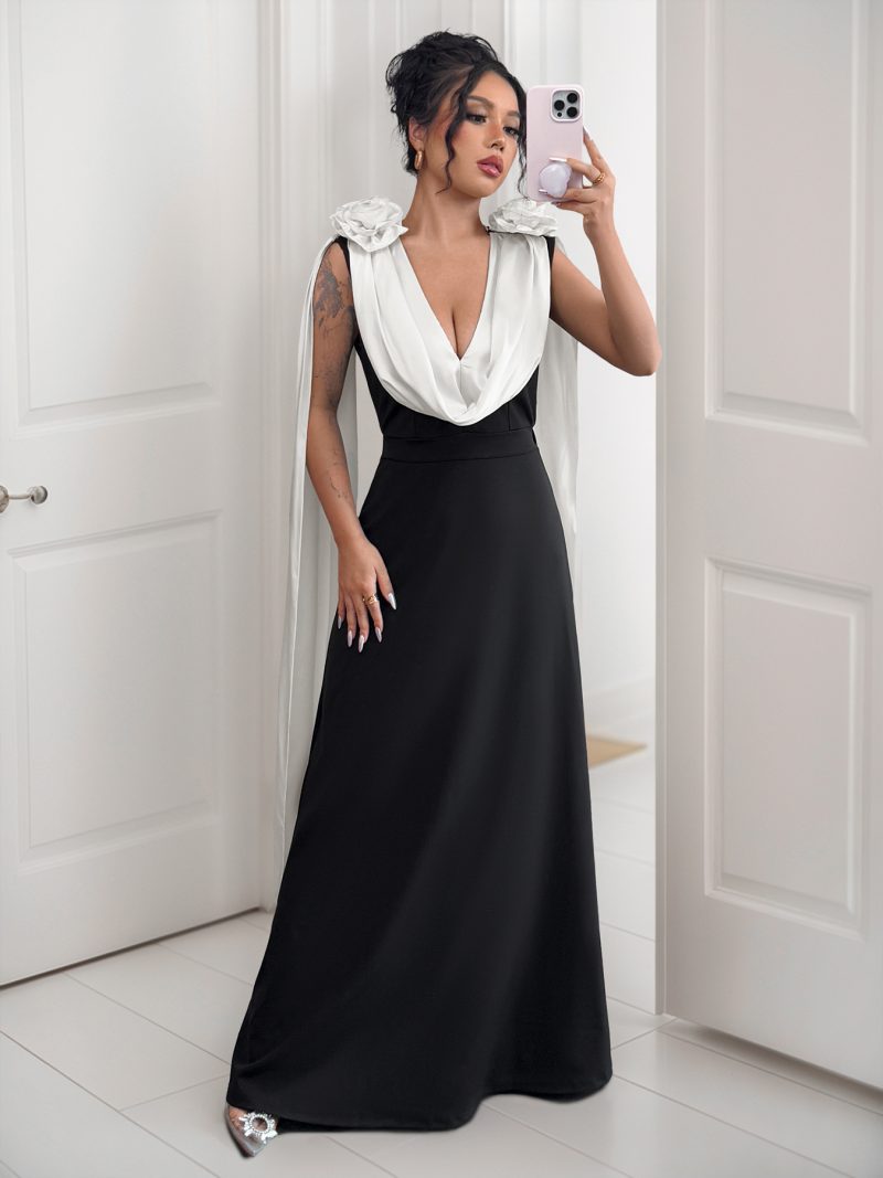 Elegant V-Neck Contrast Sleeveless Party Dress - Image 2