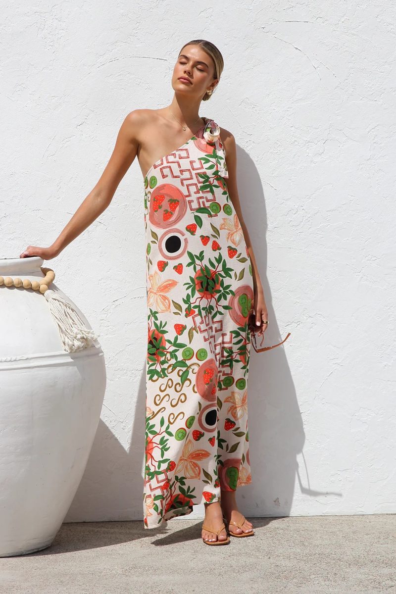 Summer Printed Shoulder Lace-Up Elegant Dress - Image 2