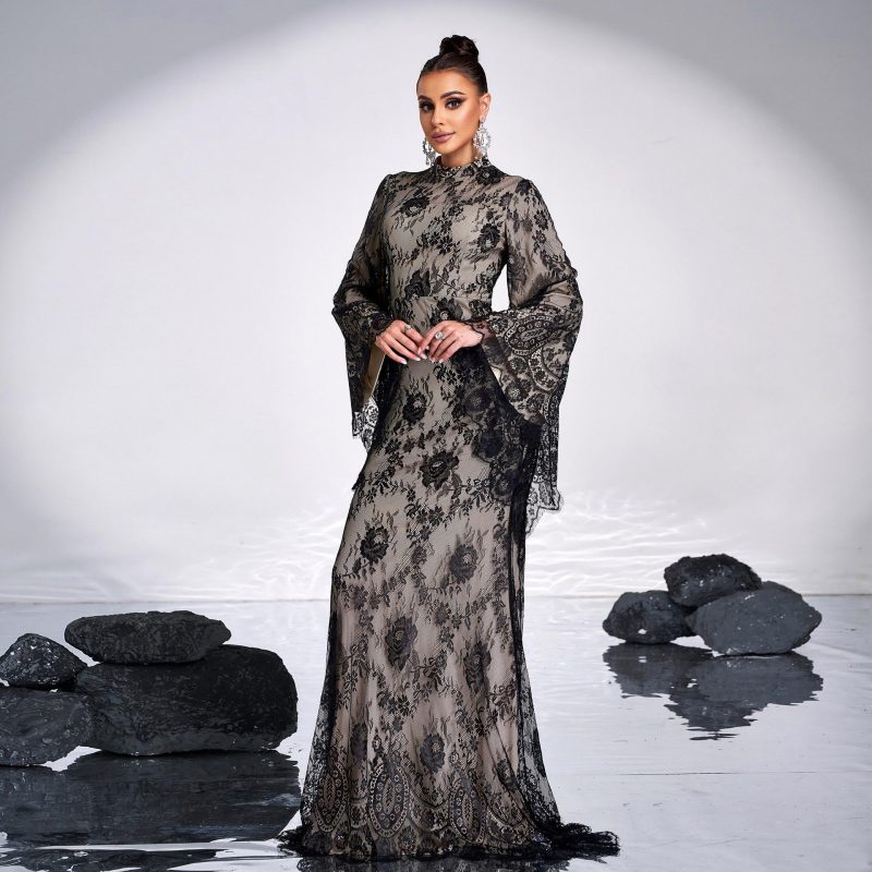 High-End Lace Long Sleeve Cocktail Evening Dress - Image 2