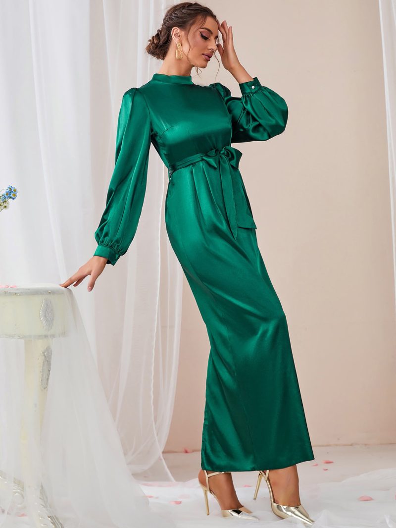 Elegant Satin High Waist Back Slit Dress - Image 3