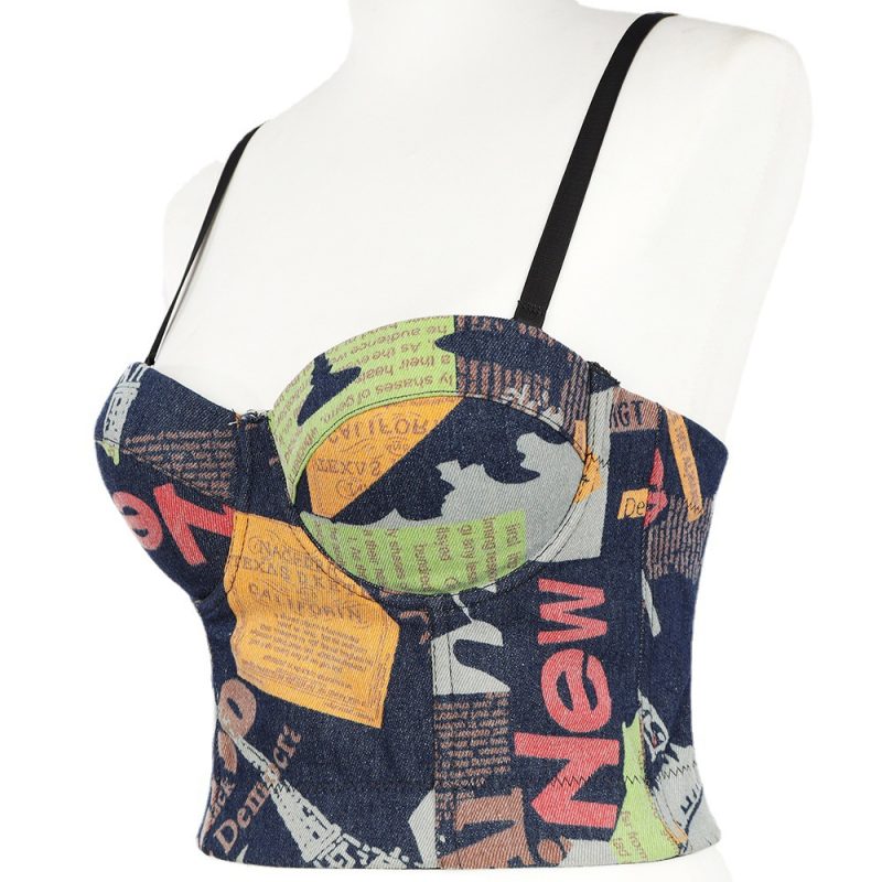 Backless Lace-Up Denim Print Tube Top - Image 2