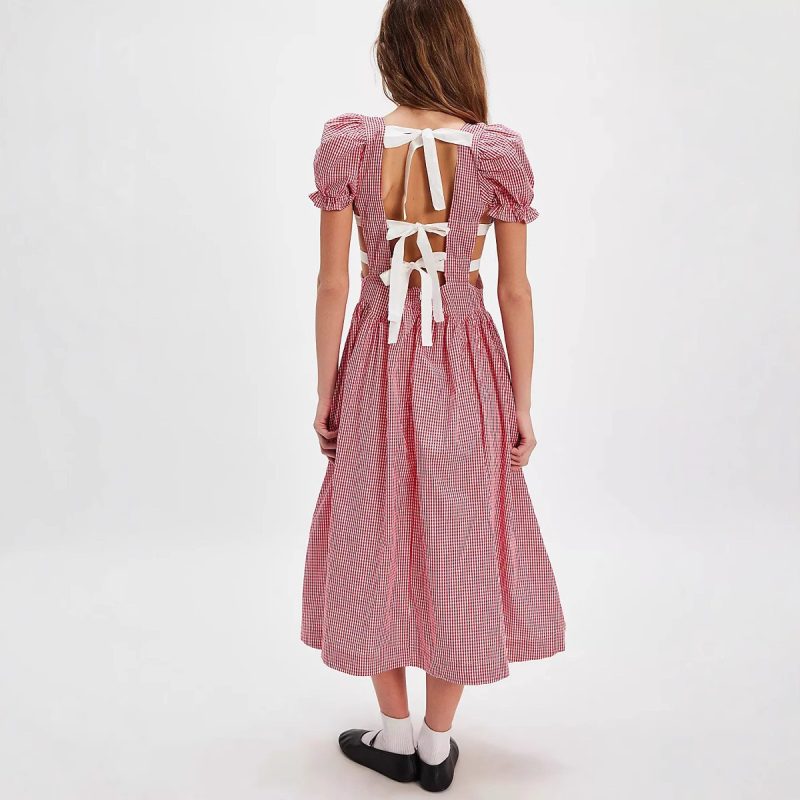 Summer Plaid Backless Dress with Bubble Sleeves - Image 2