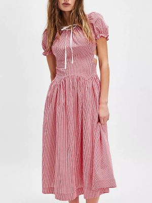 Summer Plaid Backless Dress with Bubble Sleeves
