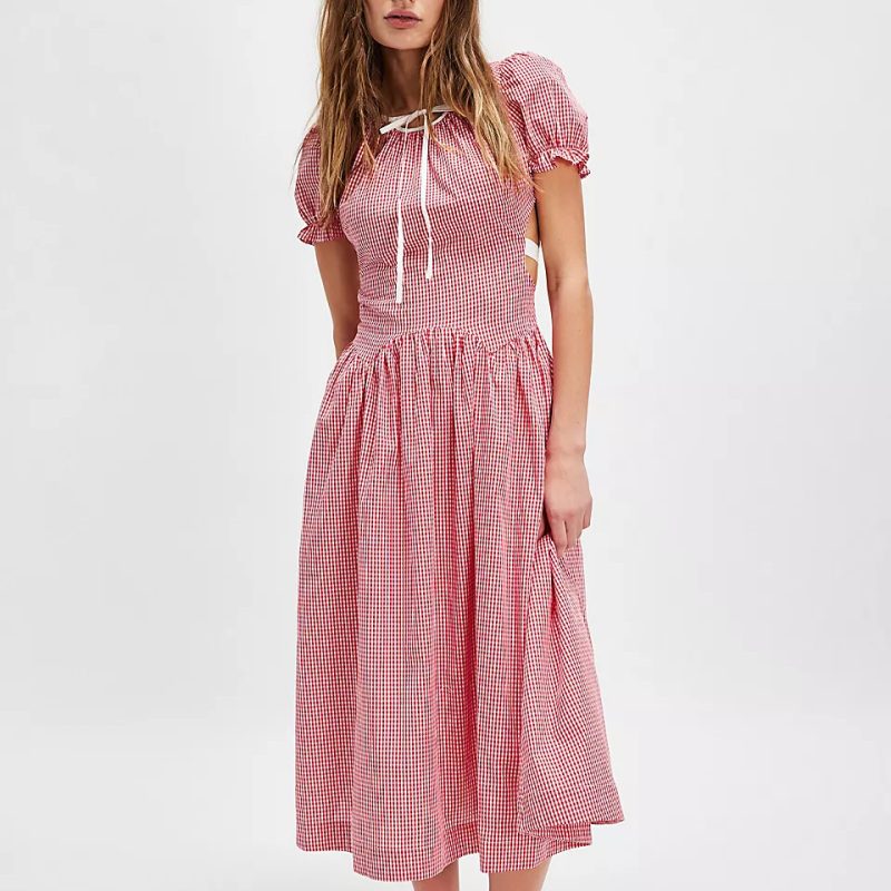 Summer Plaid Backless Dress with Bubble Sleeves