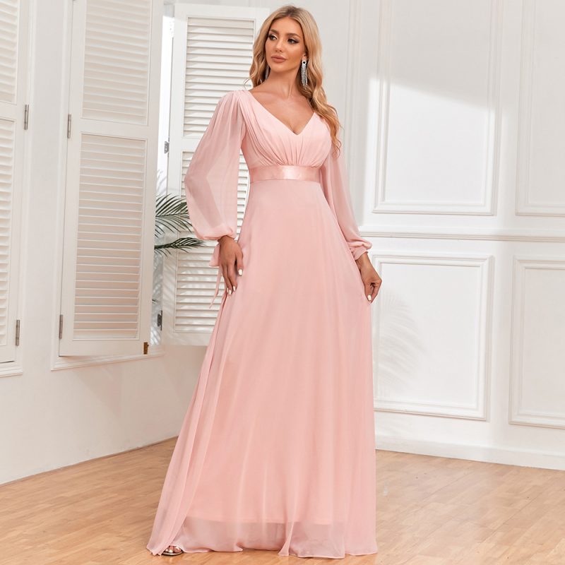 Pink Chiffon Lace-Up V-Neck Evening Dress - Image 3