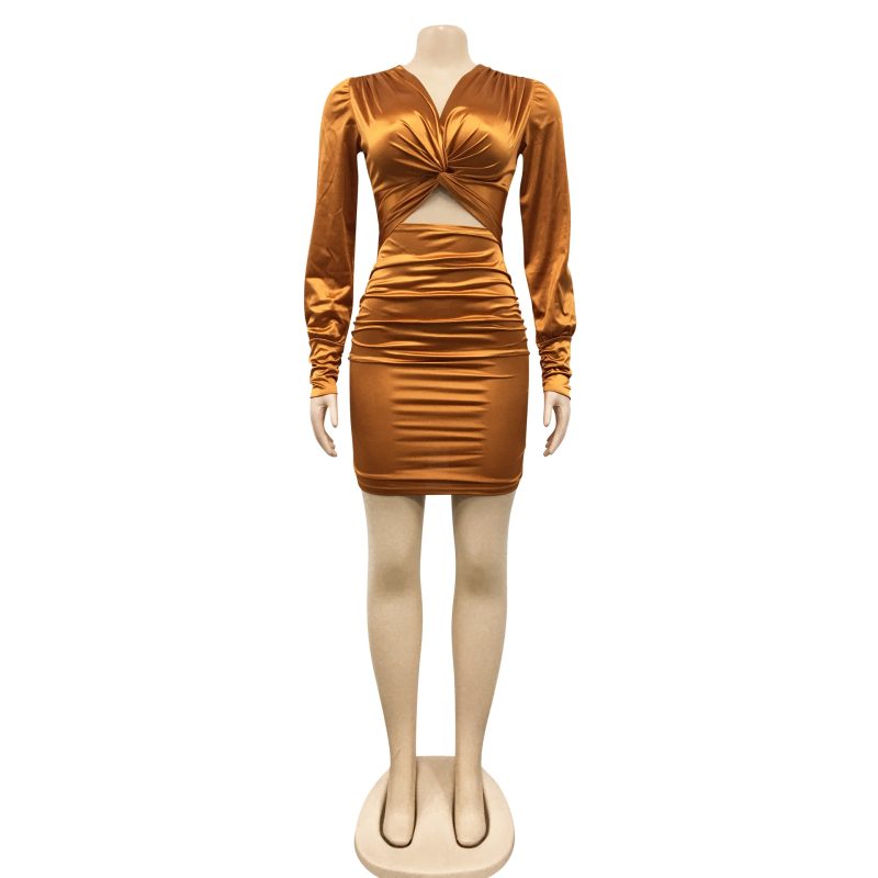 Sexy Solid Color Long Sleeve Cutout Midi Dress - Image 3