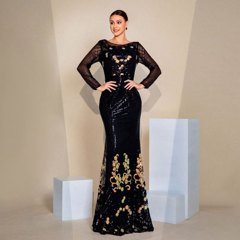 Elegant Sequin Long Sleeve Evening Cocktail Dress
