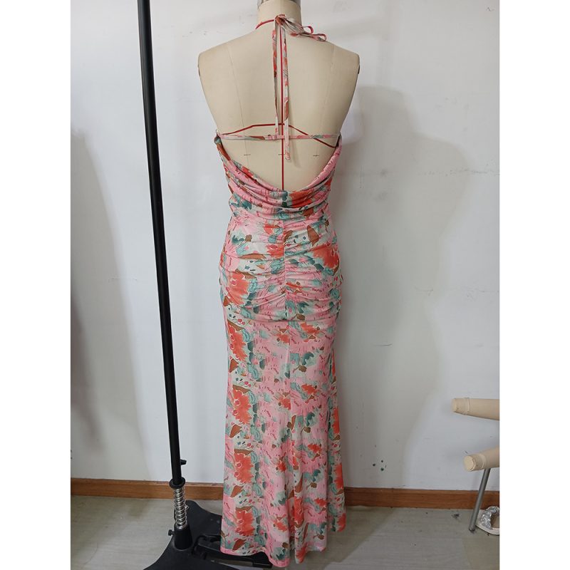 Summer Floral Mesh Sling Cinched Maxi Dress - Image 4
