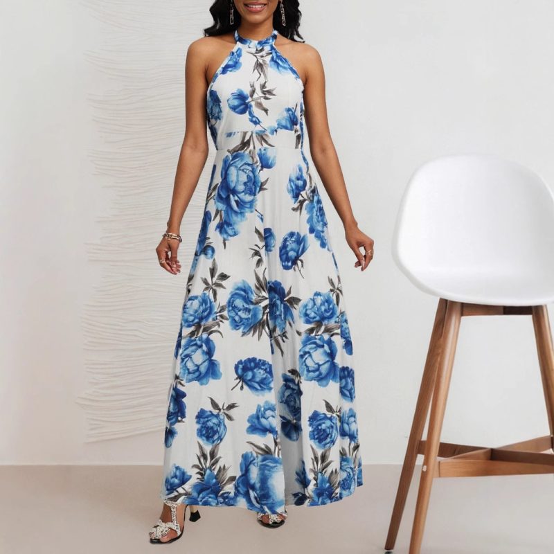 Elegant Halter Sleeveless Slim A-Line Maxi Dress