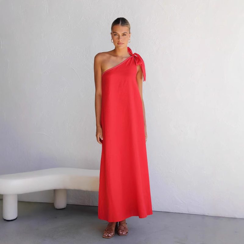 Elegant Halter One Shoulder Lace-Up Maxi Dress